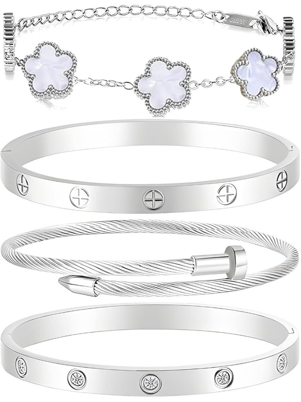 Women's Silvery Set 4pc 18 Gold Floral Stackable Stainless Steel Bangle Bracelet